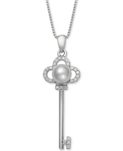 Belle De Mer Cultured Freshwater Pearl (6mm) & Cubic Zirconia Clover Key 18" Pendant Necklace In Sterling Silver