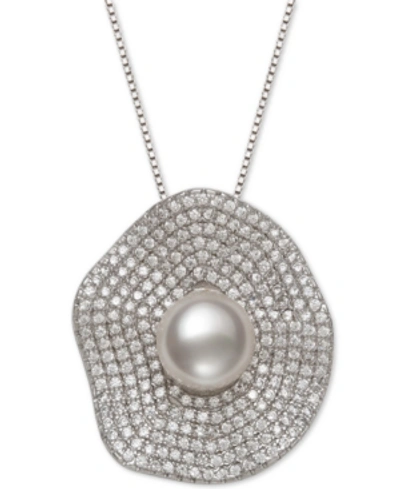 Belle De Mer Cultured Freshwater Pearl (8mm) & Cubic Zirconia 18" Pendant Necklace In Sterling Silve In Silver