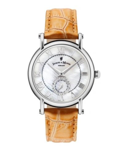 Jaques Du Manoir Jacques Du Manoir Ladies' Orange Genuine Leather Strap With Stainless Steel Case With Mother Of Pear