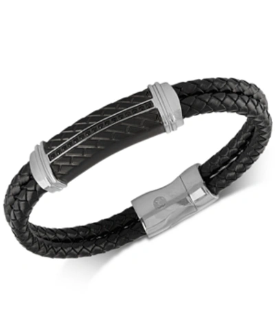 Esquire Men's Jewelry Diamond & Leather Bracelet In Stainless Steel & Black Ion-plate, Created For Macy's