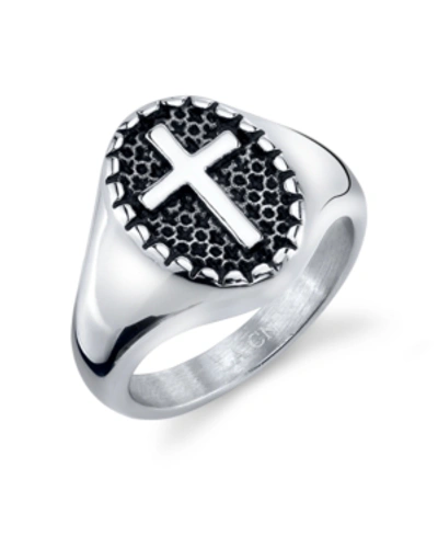 He Rocks Round Cross Ring In Stainless Steel In Silver