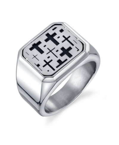 He Rocks Square Cross Ring In Stainless Steel In Silver