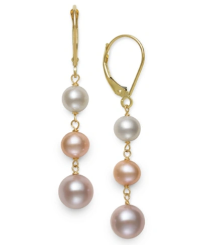 Belle De Mer White Cultured Freshwater Pearl (5-8 Mm) Leverback Earrings In 14k Yellow Gold. Also Available In Bl In Wht,pnk,lav
