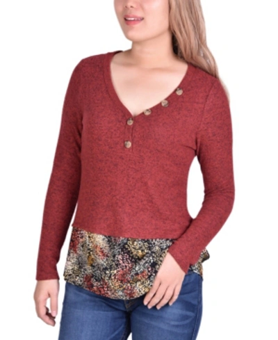 Ny Collection Women's Hacci Top With Printed Hem Inset In Burgundy