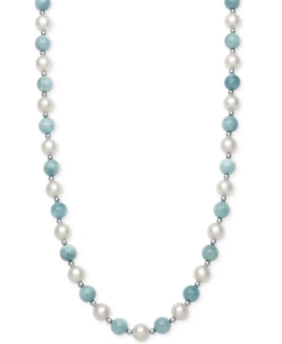 Belle De Mer Milky Aquamarine (7mm) And Cultured Freshwater Pearl (7-1/2mm) Strand Collar Necklace In Silver