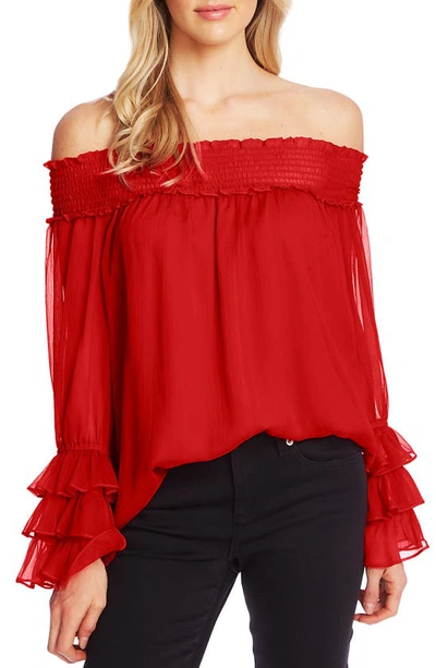 Cece Smocked Off The Shoulder Blouse In Ribbon Red
