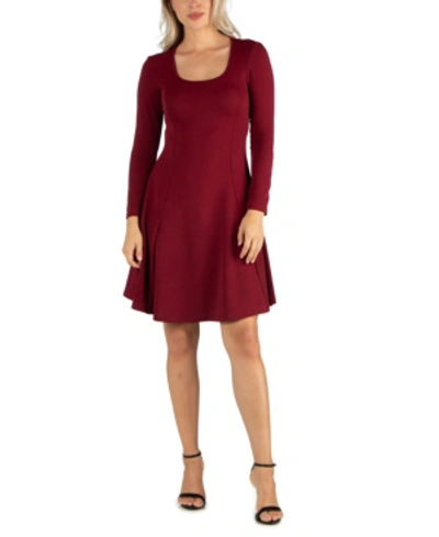 24seven Comfort Apparel Women's Simple Long Sleeve Knee Length Flared Dress In Burgundy