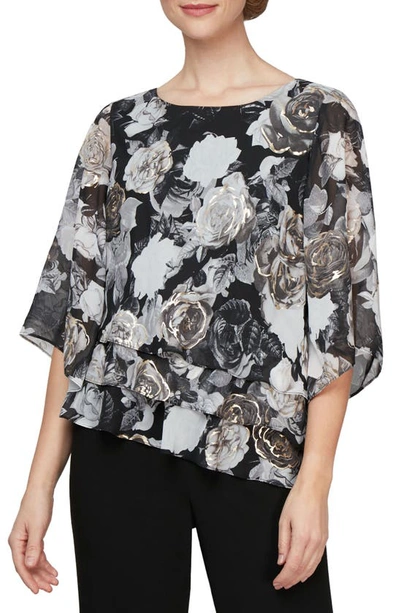 Alex Evenings Plus Size Chiffon Burnout Floral-print Top In Black White