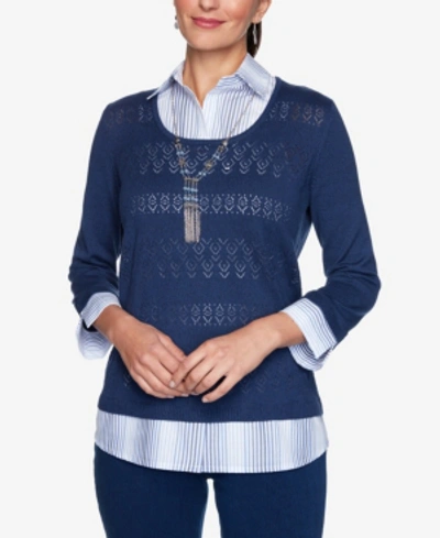 Alfred Dunner Women's Missy Denim Friendly Two For One With Ombre Stripe Woven Trim Sweater In Navy