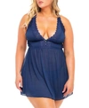 Oh La La Cheri Plus Size Mesh & Lace Babydoll 2pc Lingerie Set In Estate Blue