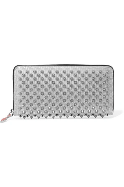 Christian Louboutin Panettone Spiked Glittered Metallic Leather Continental Wallet In Silver