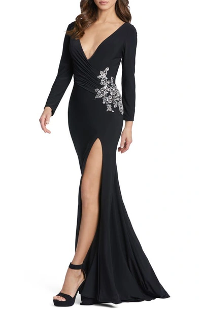 Ieena For Mac Duggal Plunging Long-sleeve Bead-embellished Jersey Gown In Black