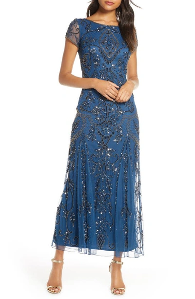 Pisarro Nights Embellished Mesh Gown In Petrol Blue/ Copper