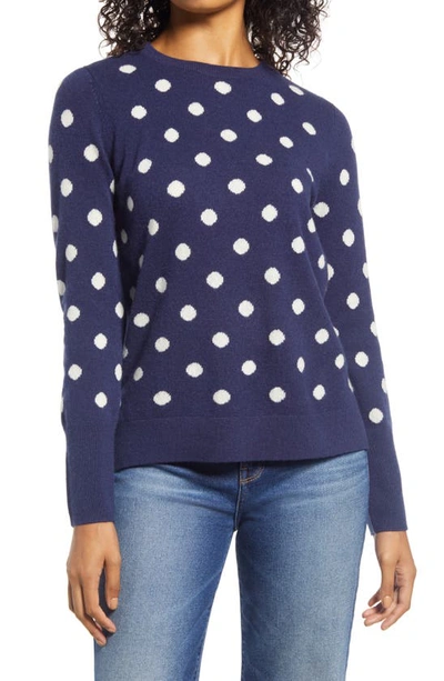 Halogenr Dot Crewneck Cashmere Sweater In Navy- Ivory Dot