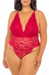 Oh La La Cheri Plus Size High Leg Galloon Lace Teddy With Multi-strap Back Detail In Red