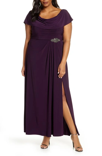 Alex Evenings Cowl Neck Beaded Waist Gown In Eggplant