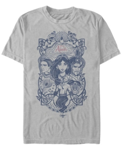 Aladdin Disney Men's  Live Action Group Shot Line Art Poster Short Sleeve T-shirt In Silver