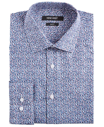 Nine West Men's Slim-fit Wrinkle-free Performance Stretch Blue & Red Floral Print Dress Shirt In White/blue  Red Floral
