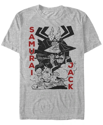 Fifth Sun Men's Samurai Jack Aku Battle Woodblock Print Short Sleeve T- Shirt In Heather Gr