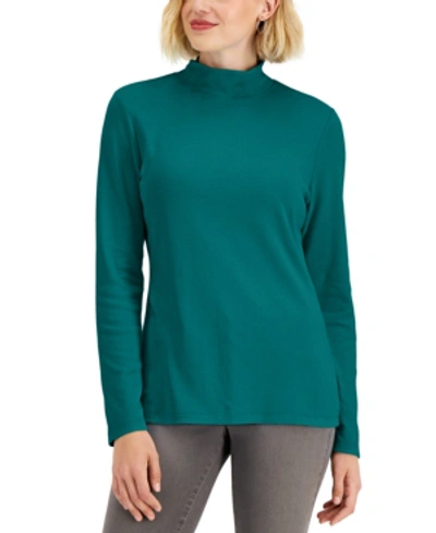 Karen Scott Petite Mock-neck Long-sleeve Top, Created For Macy's In Marine Green
