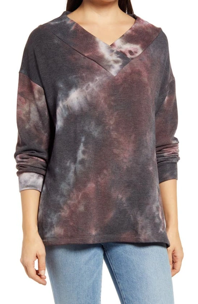 Loveappella Wide Neck Tie Dye Tunic Pullover In Charcoal/ Mauve