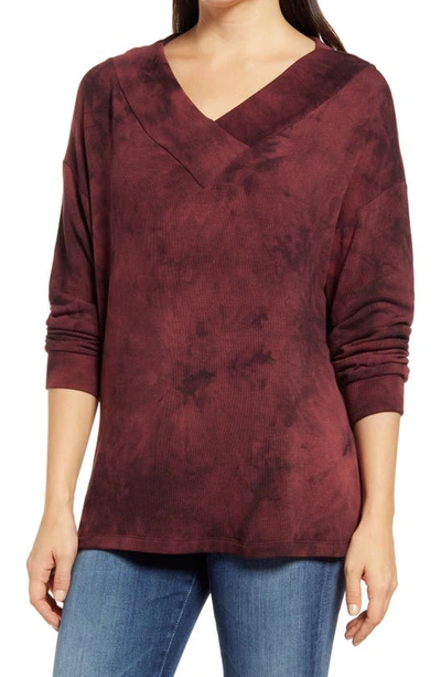 Loveappella Wide Neck Tie Dye Tunic Pullover In Burgundy/ Merlot