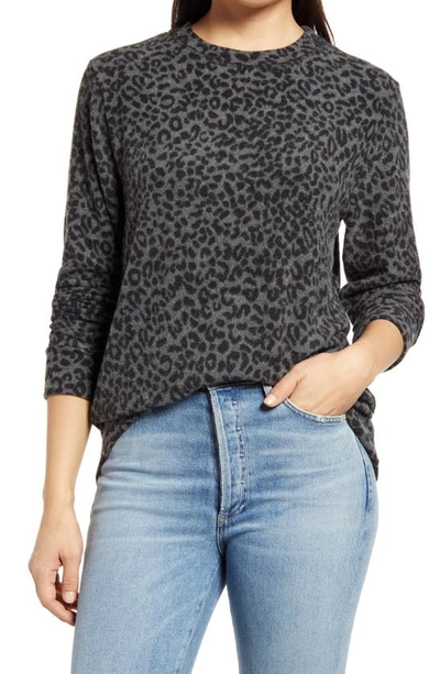 Loveappella Brushed Leopard Print Long Sleeve Crewneck Top In Gray/ Black