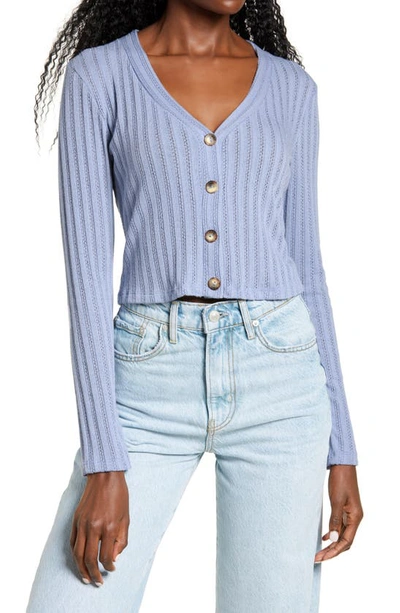 All In Favor Pointelle Crop Cardigan In Blue