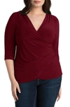 Kiyonna Faux Wrap Top In Burgundy