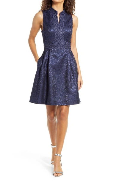 knee length dresses for ladies Slate Tea Length Jacquard Dress With Sleeveless Bodic main image 0