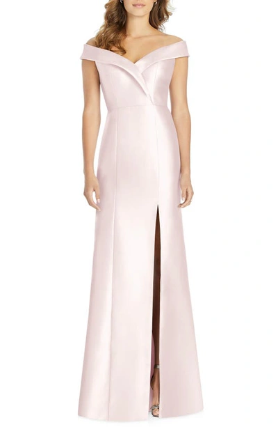 Alfred Sung Portrait Collar Satin Trumpet Gown In Blush