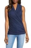 Loveappella Cross Drape Sleeveless Top In Navy