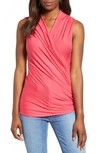 Loveappella Cross Drape Sleeveless Top In Azalea