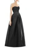 Alfred Sung Strapless Satin Twill A-line Gown In Black