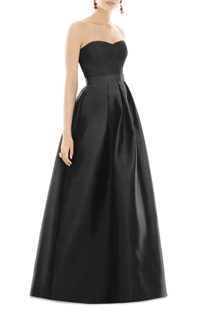 Alfred Sung Strapless Satin Twill A-line Gown In Black