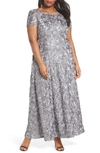 Alex Evenings Rosette Lace Short Sleeve A-line Gown In Dove