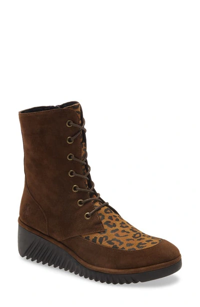 Fly London Lira Combat Boot In Ground/ Cheetah Print Leather