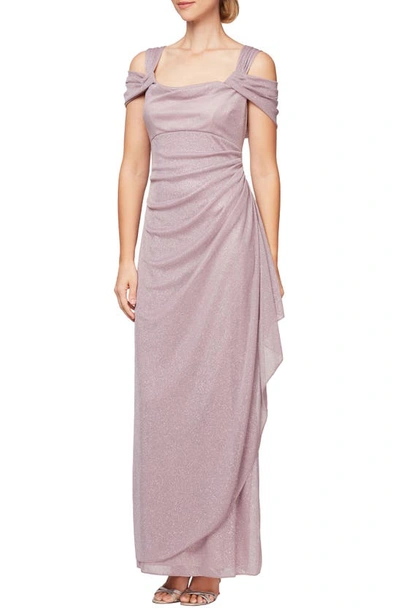 Alex Evenings Cold-shoulder Draped Metallic Gown In Mauve Pink