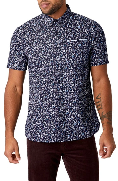 7 Diamonds Life In The City Floral Short Sleeve Button-up Shirt In Navy