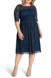 Kiyonna Women's Plus Size Luna Lace Cocktail Midi Dress In Indigo Blue