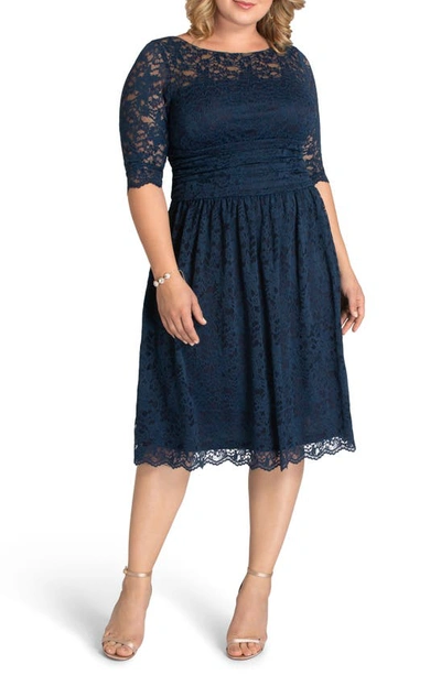 Kiyonna Women's Plus Size Luna Lace Cocktail Midi Dress In Indigo Blue