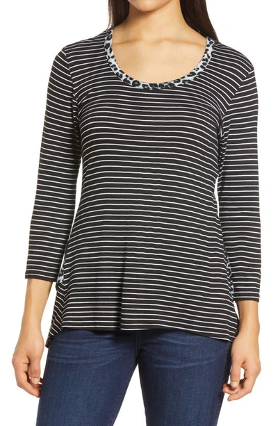 Loveappella Leopard Stripe Peplum Top In Black/ Gray