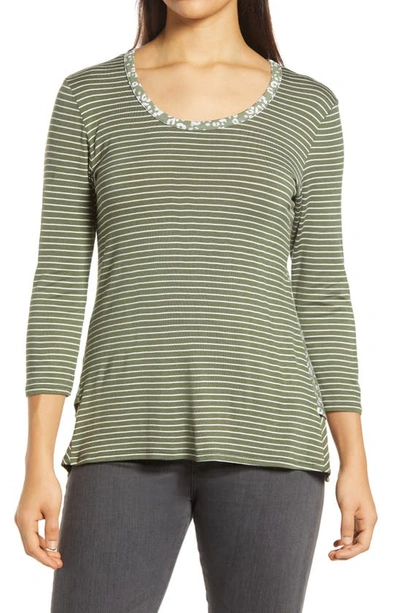 Loveappella Leopard Stripe Peplum Top In Olive/ Ivory