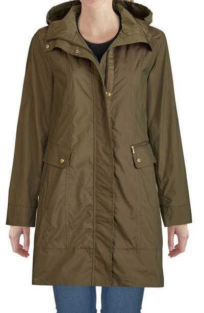 Cole Haan Signature Back Bow Packable Hooded Raincoat In Olive