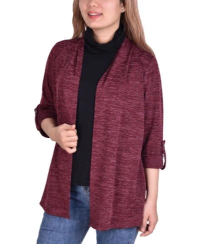 Ny Collection Petite Cardigan With Mask Cowl Neck Insert In Wine