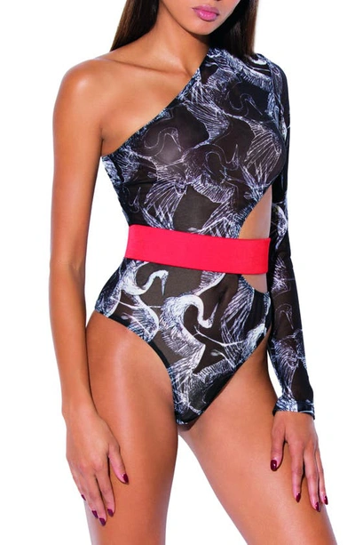 Hauty Crane Print One Shoulder Sheer Bodysuit Underwear With Removable Belt In Black