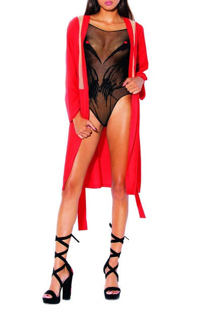 Hauty Taiyo Long Sleeve Robe Lingerie With Mesh Inserts In Red