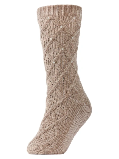 Memoi Imitation Pearl Lattice Plush Lined Women's Slipper Sock In Taupe