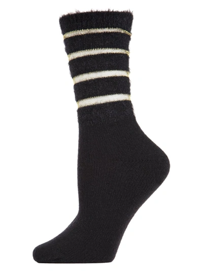 Memoi Luxe Shimmer Striped Women's Crew Socks In Black