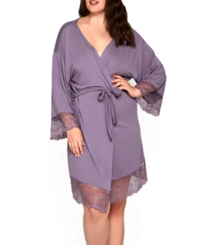 Icollection Olivia Plus Size Soft Viscose Robe With Lace Trim And Waist Tie In Purple